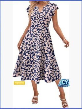 Polyester Spandex Midi Dress with Pockets V-Neck Ruffle Sleeve